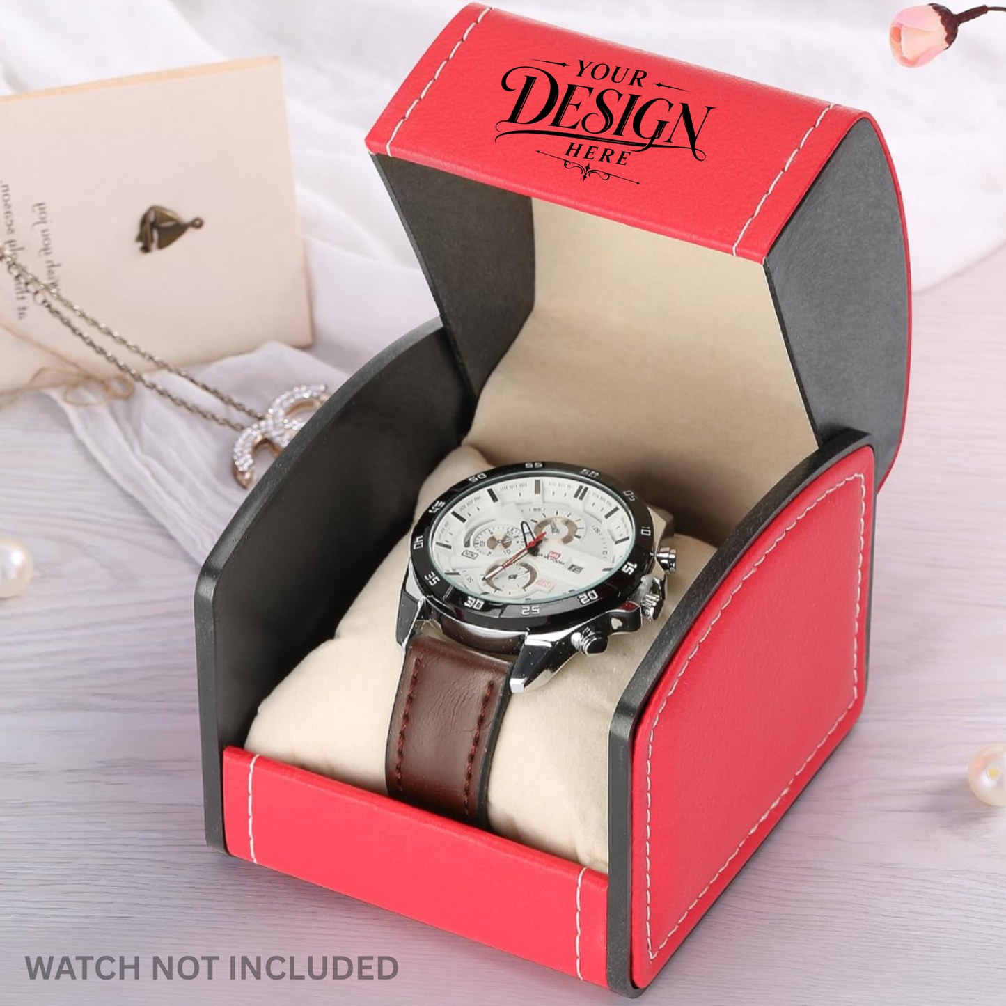 Custom Laser Engraved Luxury Watch Case w/ Pillow - Personalized Wristwatch Storage Display Holder