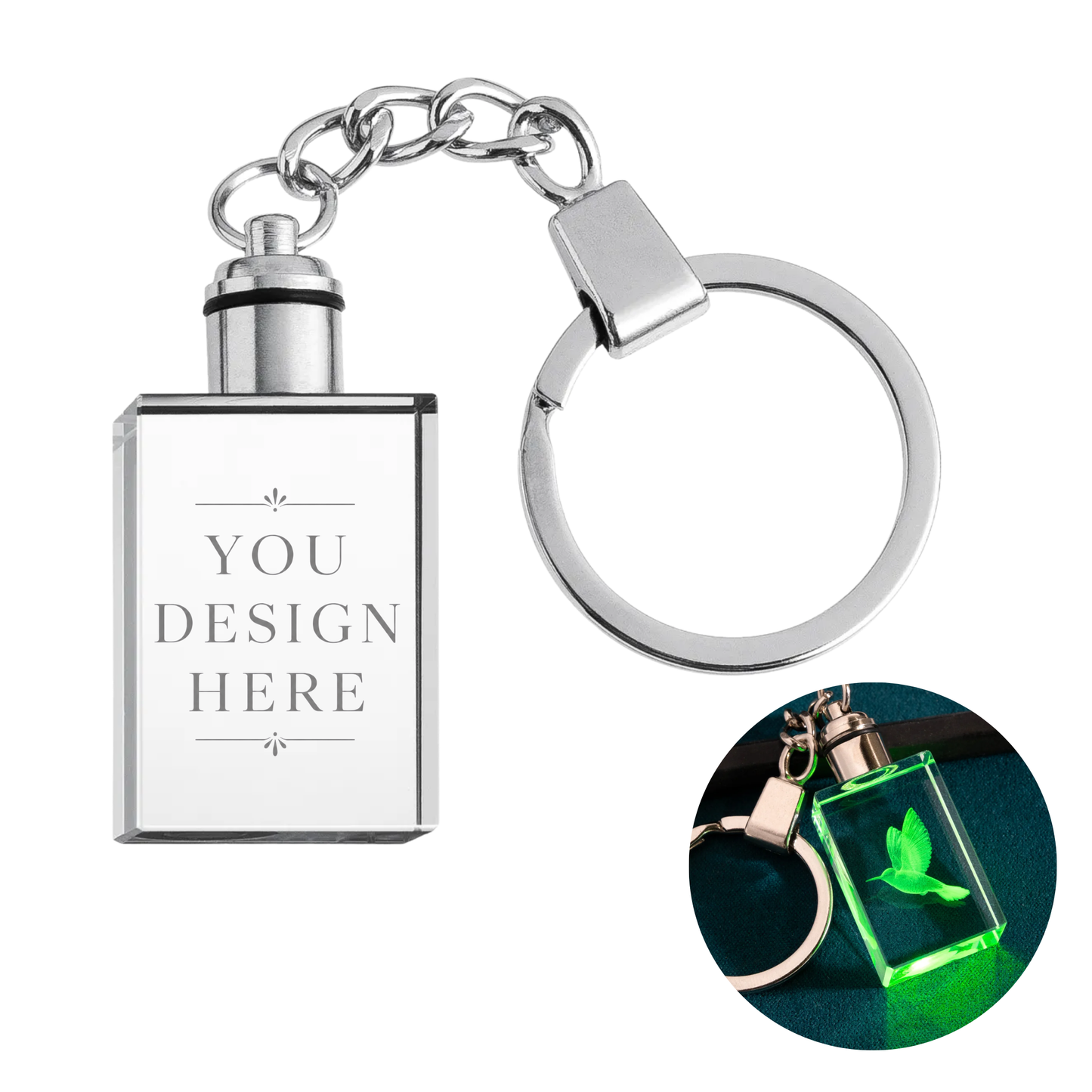 Custom Laser Engraved Glass 3D Crystal - Personalized Keychain w/ LED Light