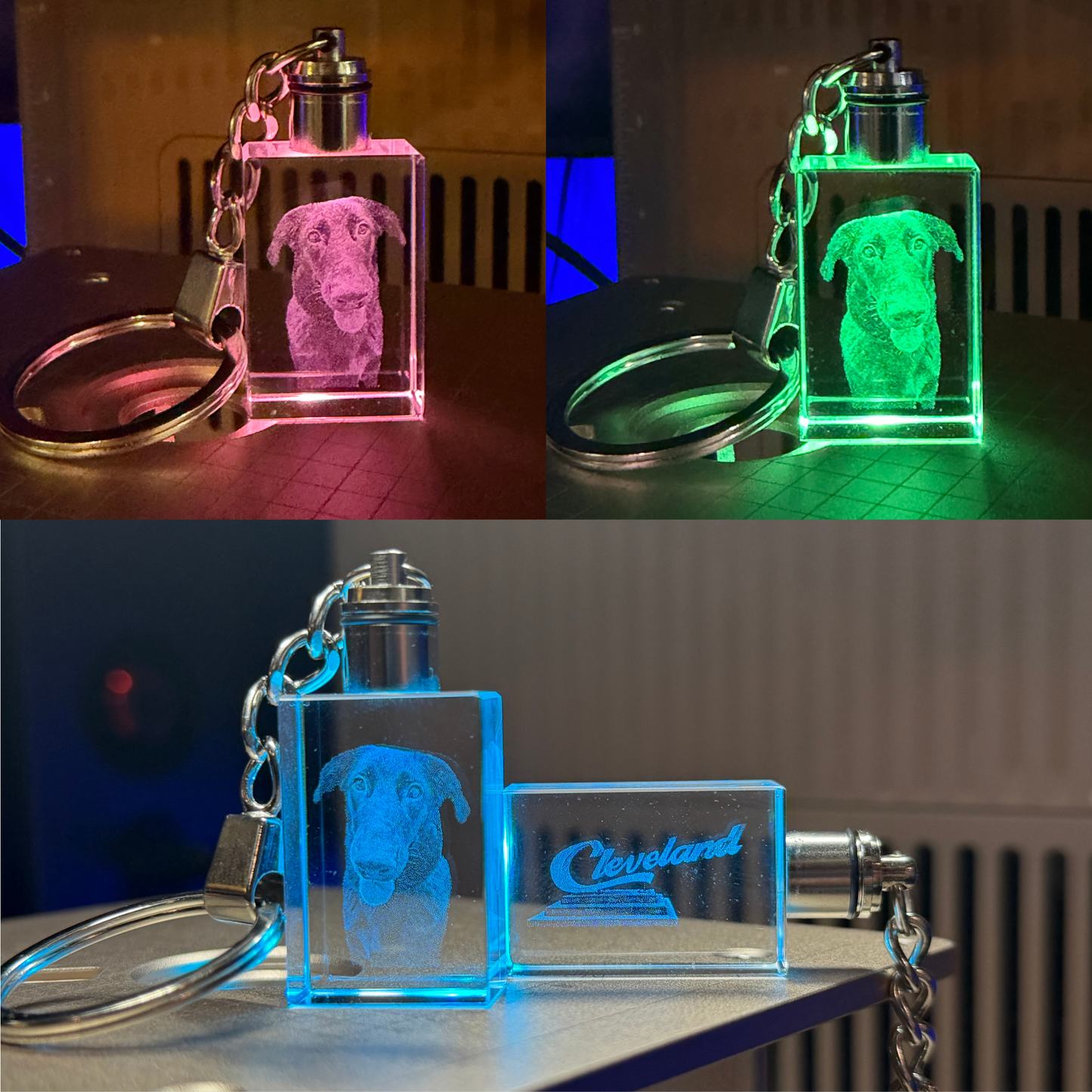 Custom Laser Engraved Glass 3D Crystal - Personalized Keychain w/ LED Light