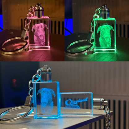 Custom Laser Engraved Glass 3D Crystal - Personalized Keychain w/ LED Light