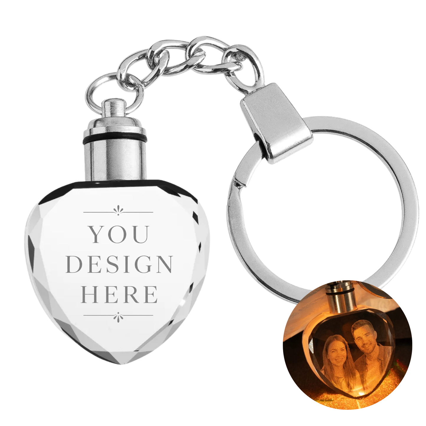Custom Laser Engraved Glass 3D Crystal - Personalized Keychain w/ LED Light
